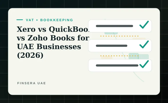 UAE VAT and bookkeeping feature image comparing Xero, QuickBooks, and Zoho Books accounting software for UAE businesses by Finsera UAE