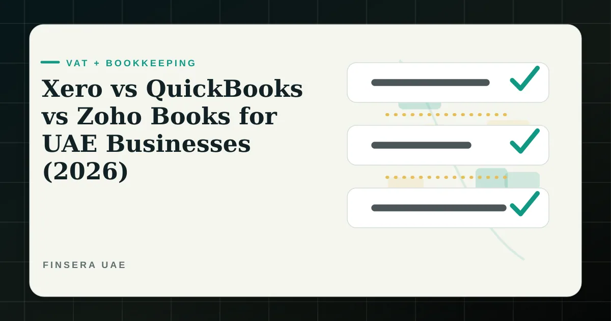 UAE VAT and bookkeeping feature image comparing Xero, QuickBooks, and Zoho Books accounting software for UAE businesses by Finsera UAE